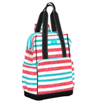 A striped Scout cooler bag with a black strap, featuring a pattern of red, white, and blue stripes. Available at Be Charmed