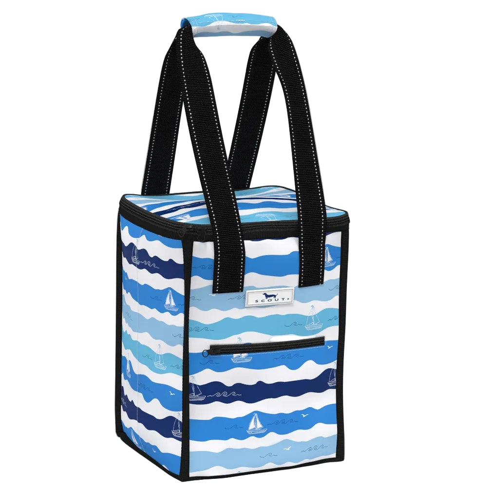 Blue and white striped cooler bag with black handles on a white background. Available at Be Charmed