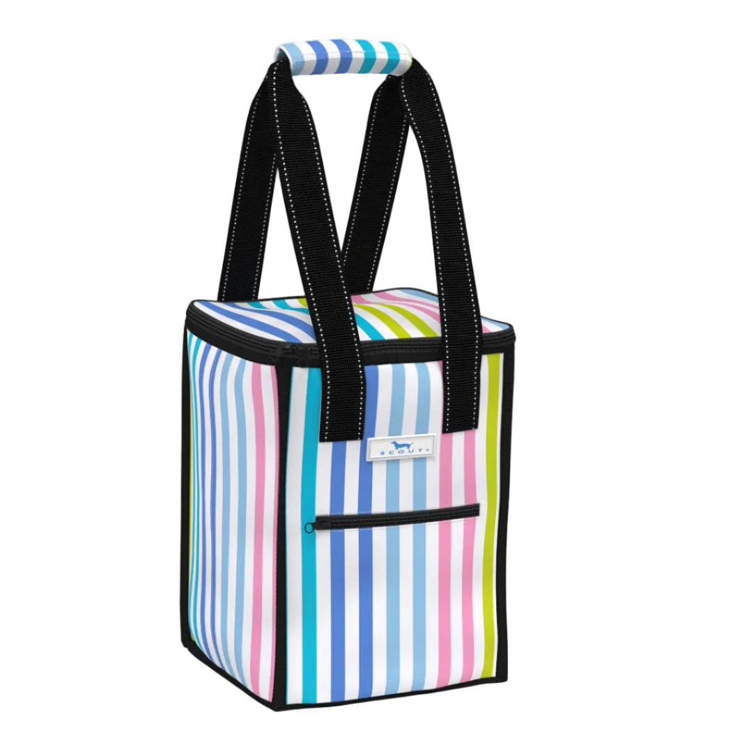 Striped cooler bag with black handles on a white background. Available at Be Charmed