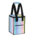 Striped cooler bag with black handles on a white background. Available at Be Charmed