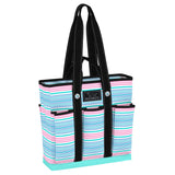 A striped Scout tote bag with multiple pockets and a black strap, featuring the Scout brand label. Available at Be Charmed