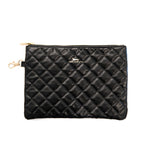 A quilted black faux leather Scout pouch with a zipper closure and a brand logo on the front. Available at Be Charmed