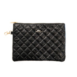 A quilted black faux leather Scout pouch with a zipper closure and a brand logo on the front. Available at Be Charmed