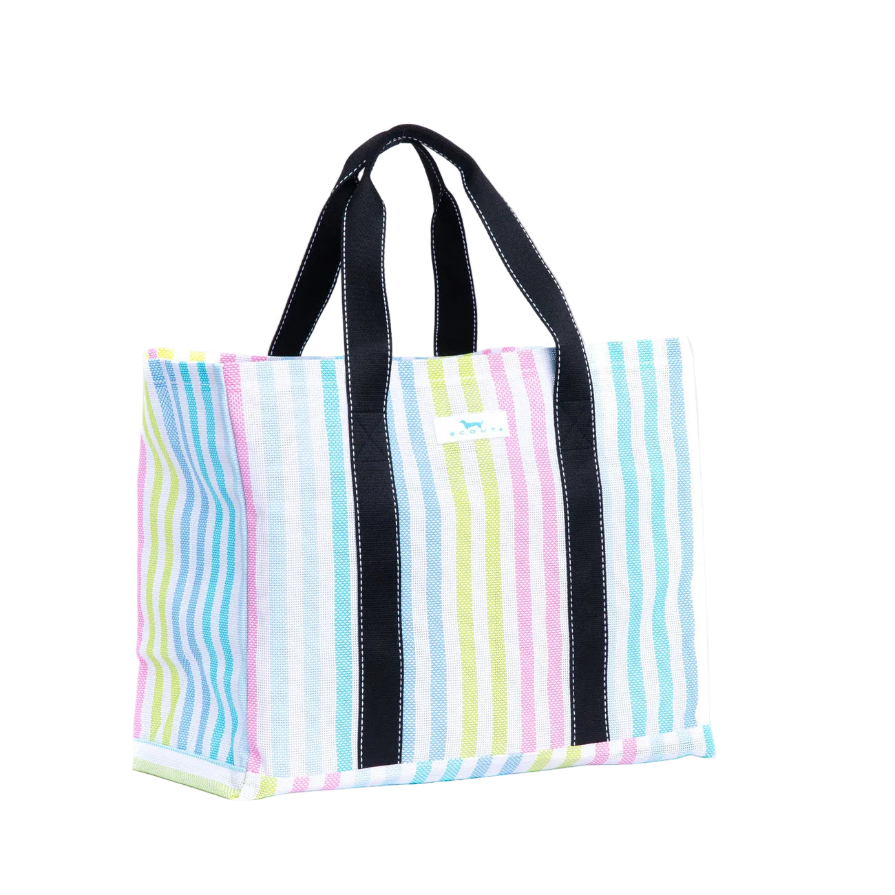 Striped tote bag with a black handle on a white background. Available at Be Charmed