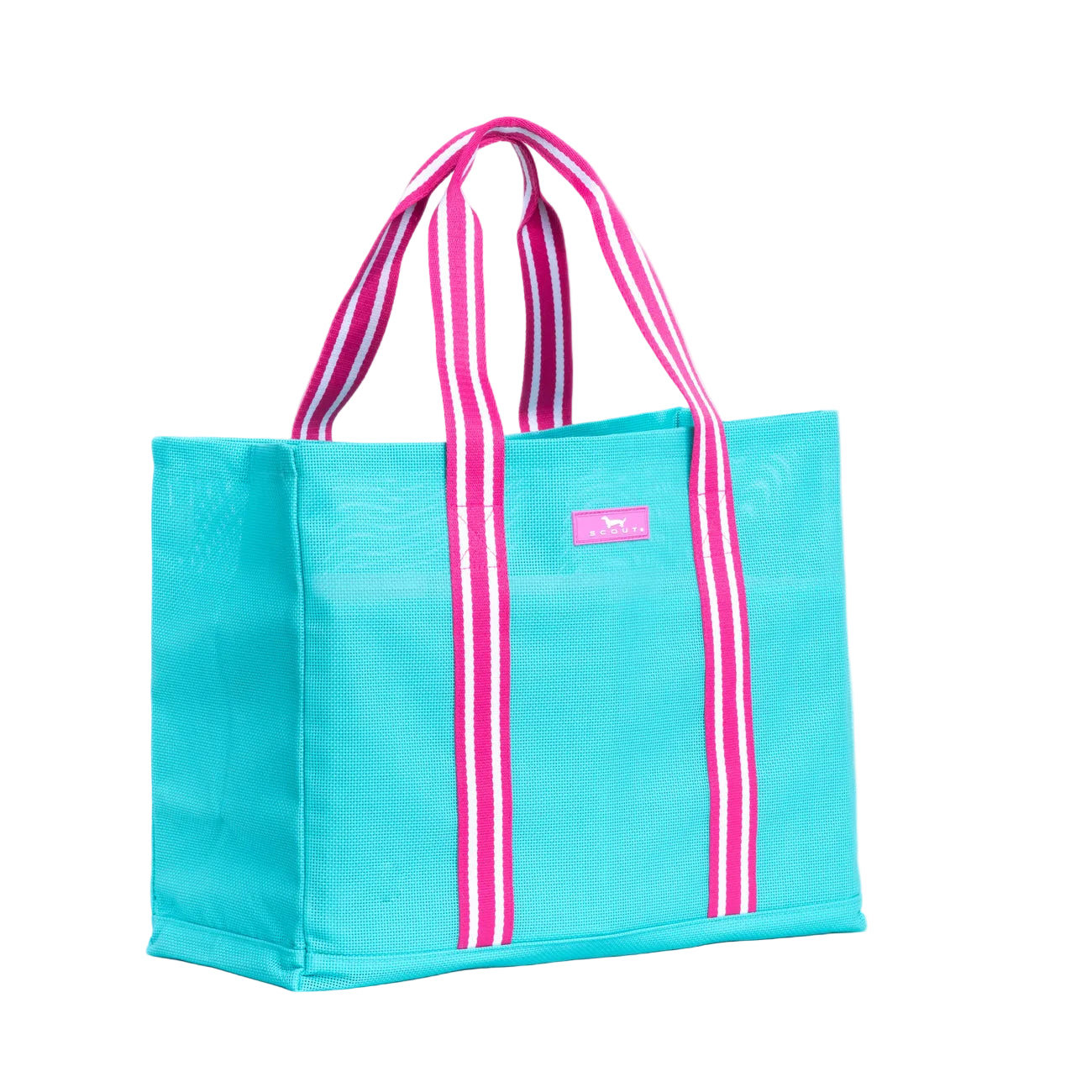 Turquoise tote bag with pink and white striped handles on a white background. Available at Be Charmed.