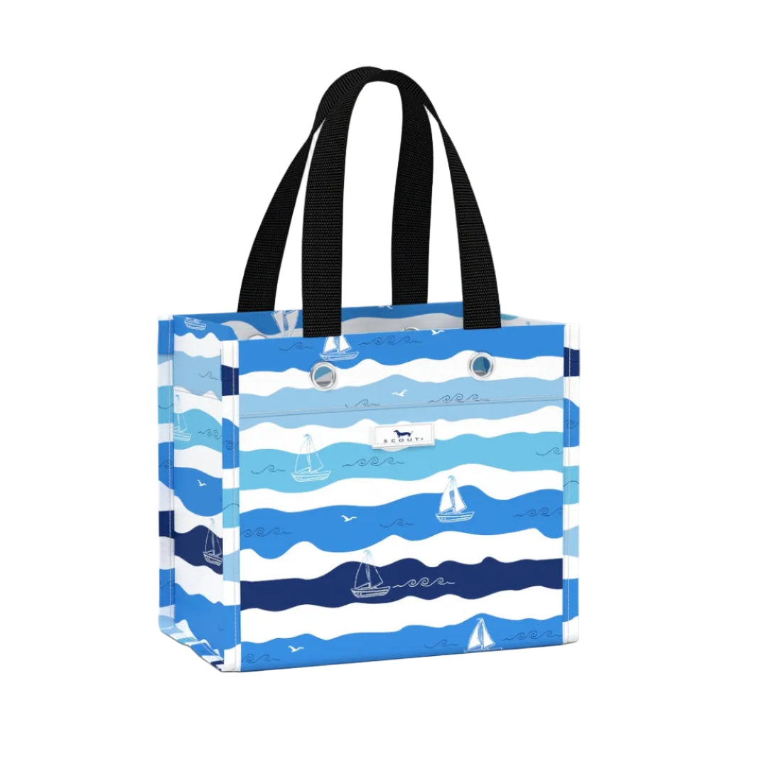 Tote bag with blue and white wave pattern on a white background. Available at Be Charmed
