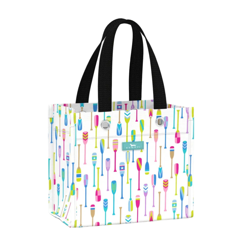Tote bag with colorful oar pattern on a white background. Available at Be Charmed