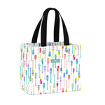 Tote bag with colorful oar pattern on a white background. Available at Be Charmed