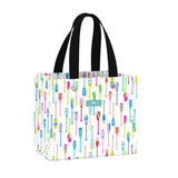 Tote bag with colorful oar pattern on a white background. Available at Be Charmed