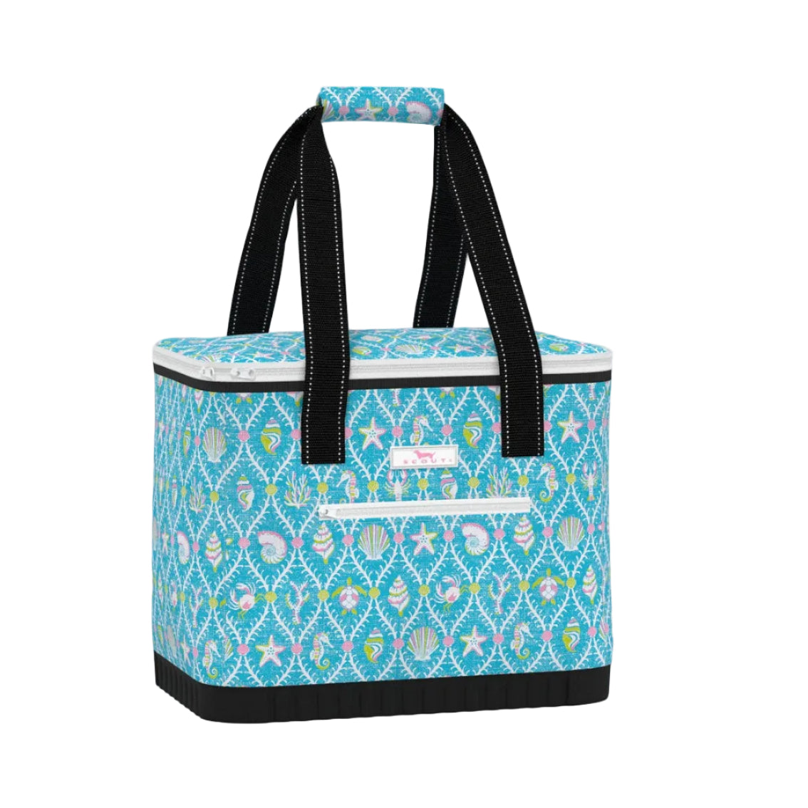 Blue patterned cooler bag with black handles on a white background. Available at Be Charmed