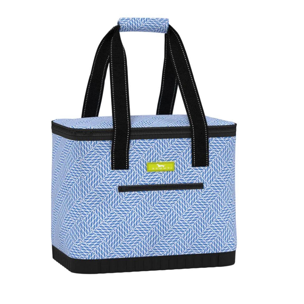 Blue patterned cooler bag with black handles on a white background. Available at Be Charmed