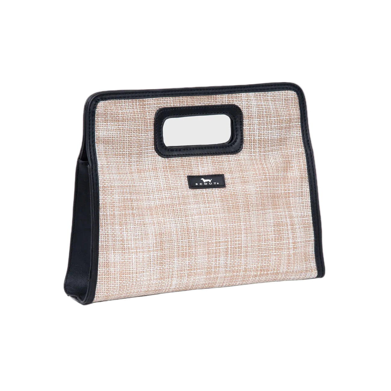 Beige clutch bag with black trim on a white background. Available at Be Charmed