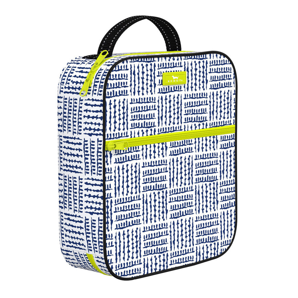 A blue and white geometric patterned Scout lunch box with a black handle and yellow accents. Available at Be Charmed