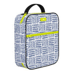 A blue and white geometric patterned Scout lunch box with a black handle and yellow accents. Available at Be Charmed