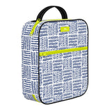 A blue and white geometric patterned Scout lunch box with a black handle and yellow accents. Available at Be Charmed