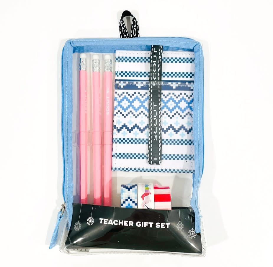 A teacher gift set containing pencils, washi tape, a lanyard, and a clear zip pouch with a geometric pattern on a white background. Available at Be Charmed