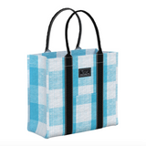 A blue and white checkered scout tote bag with black rolled handles and a brand label visible on the side. Available at Be Charmed