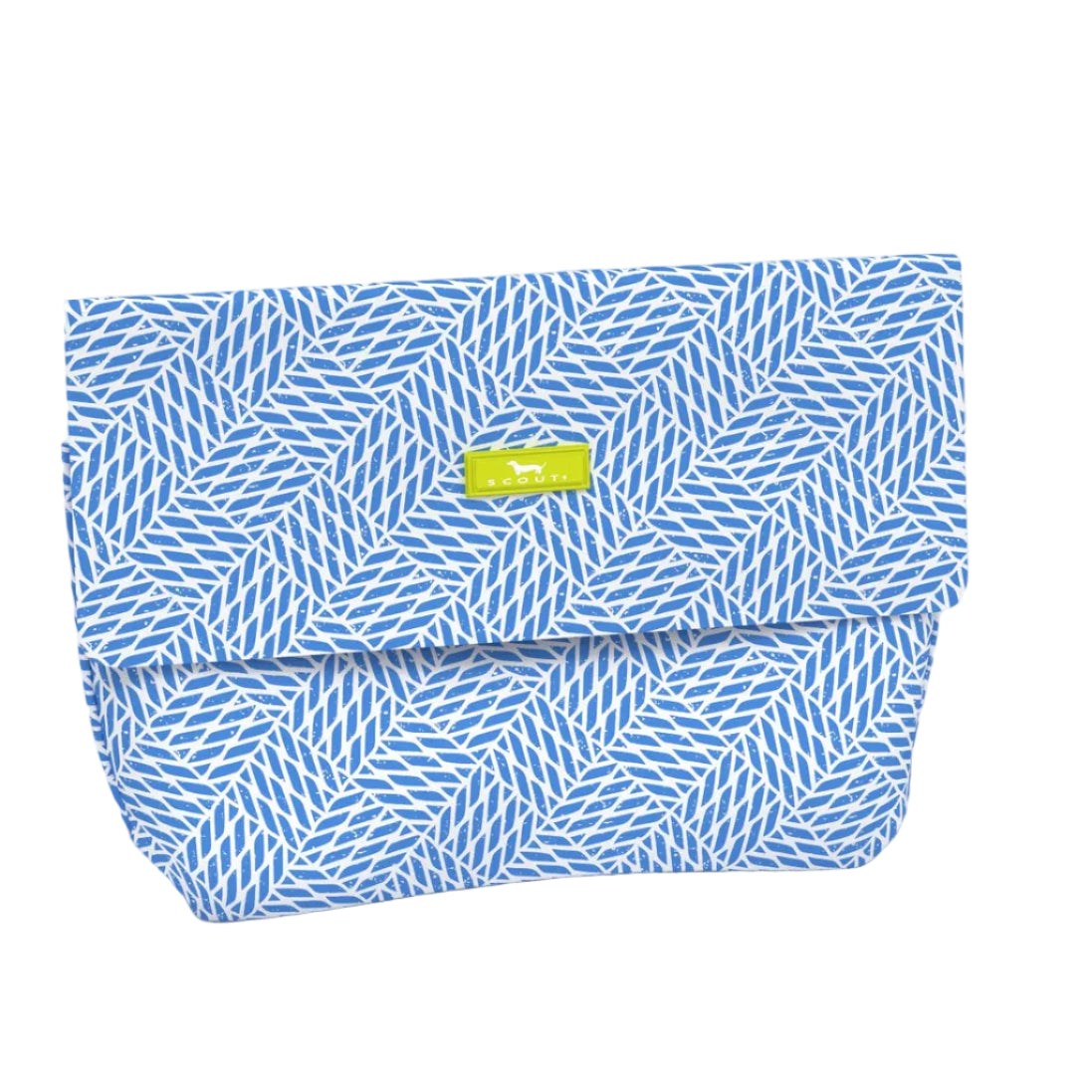 Blue patterned pouch with a green label on a white background. Available at be Charmed
