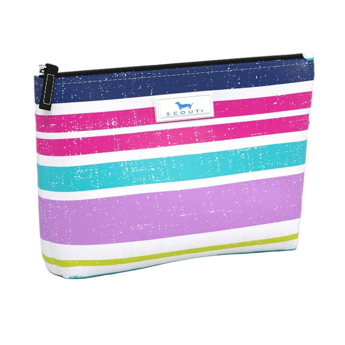 Striped pouch with colorful pattern on a white background. Available at Be Charmed