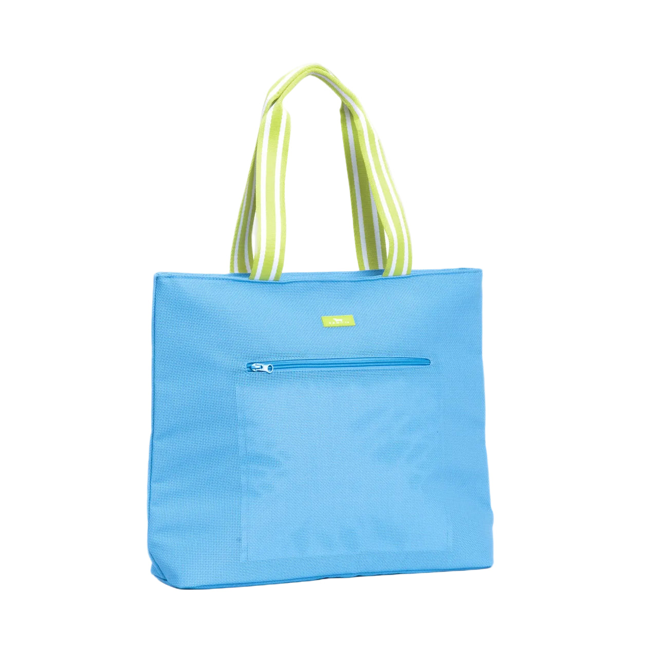 Blue tote cooler with striped handles on a white background. Available at Be Charmed