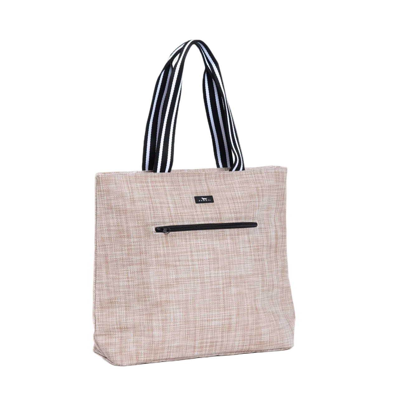 Beige tote cooler with black and white striped handles on a light gray background. Available at be Charmed