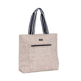 Beige tote cooler with black and white striped handles on a light gray background. Available at be Charmed