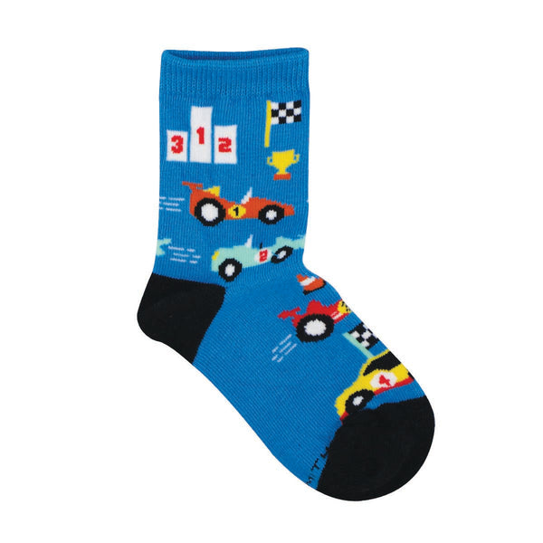 Socksmith Kids Socks Off To The Races, size 2–4 years—fun race car toddler socks. Available at Be Charmed