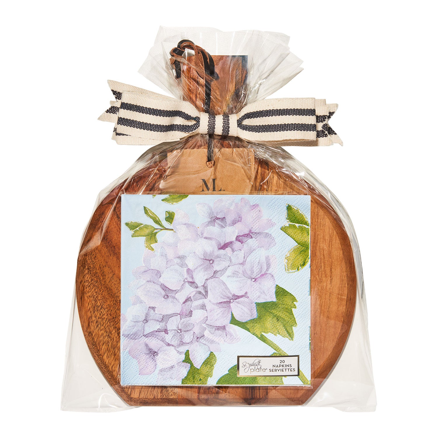 Wooden cutting board with a floral design napkins and decorative ribbon on a white background. Available at Be Charmed