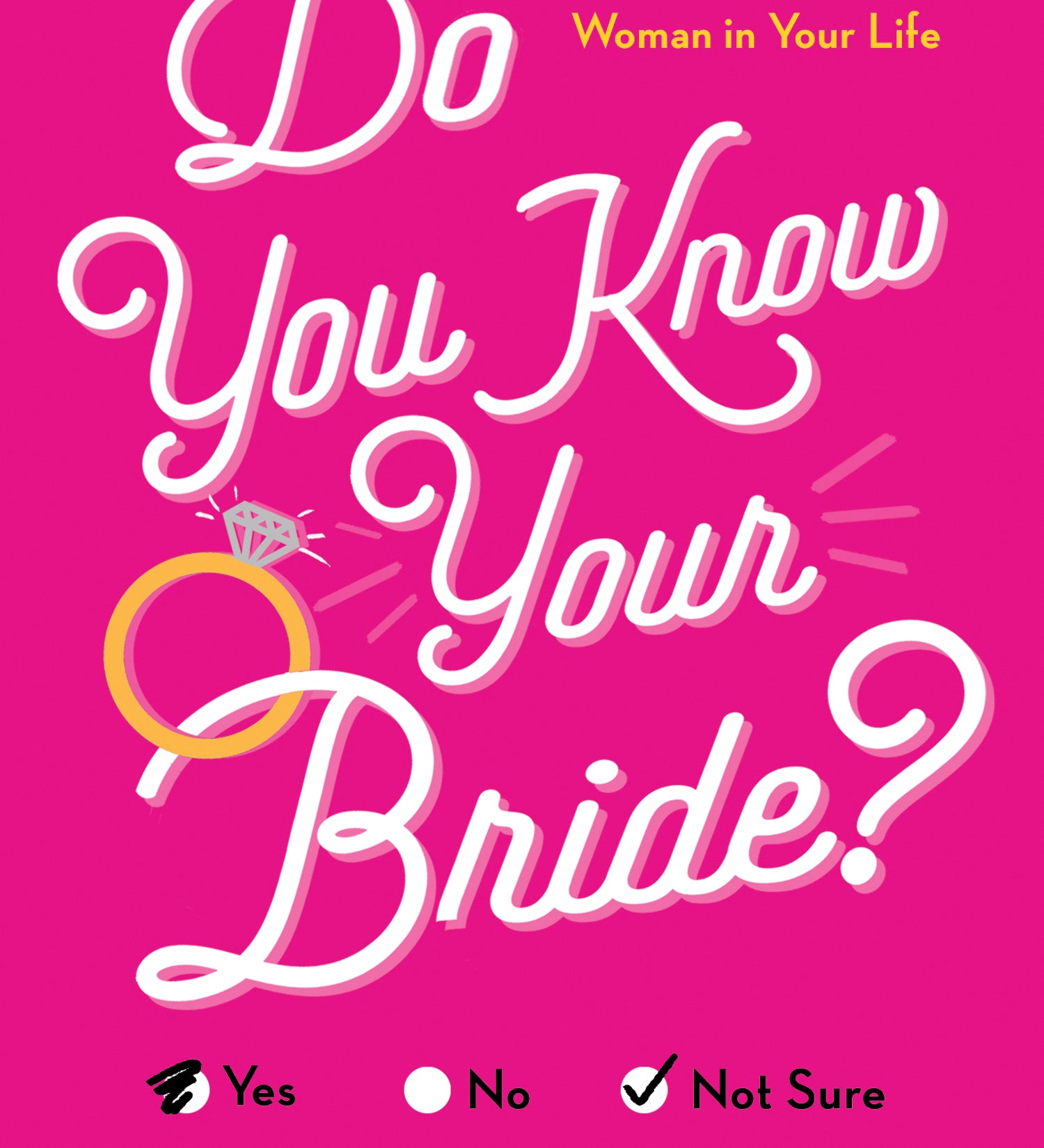 Book cover for 'Do You Know Your Bride?' by Dan Carlinsky, featuring a bright pink background with large white script title text, a yellow ring illustration, and radio button options for Yes, No, and Not Sure. Available at Be Charmed