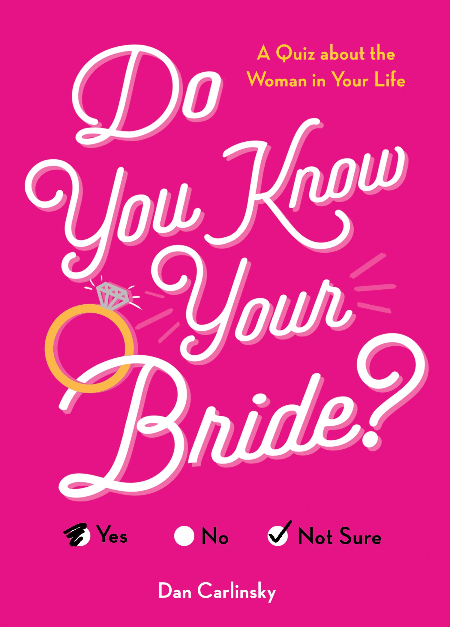 Book cover for 'Do You Know Your Bride?' by Dan Carlinsky, featuring a bright pink background with large white script title text, a yellow ring illustration, and radio button options for Yes, No, and Not Sure. Available at Be Charmed