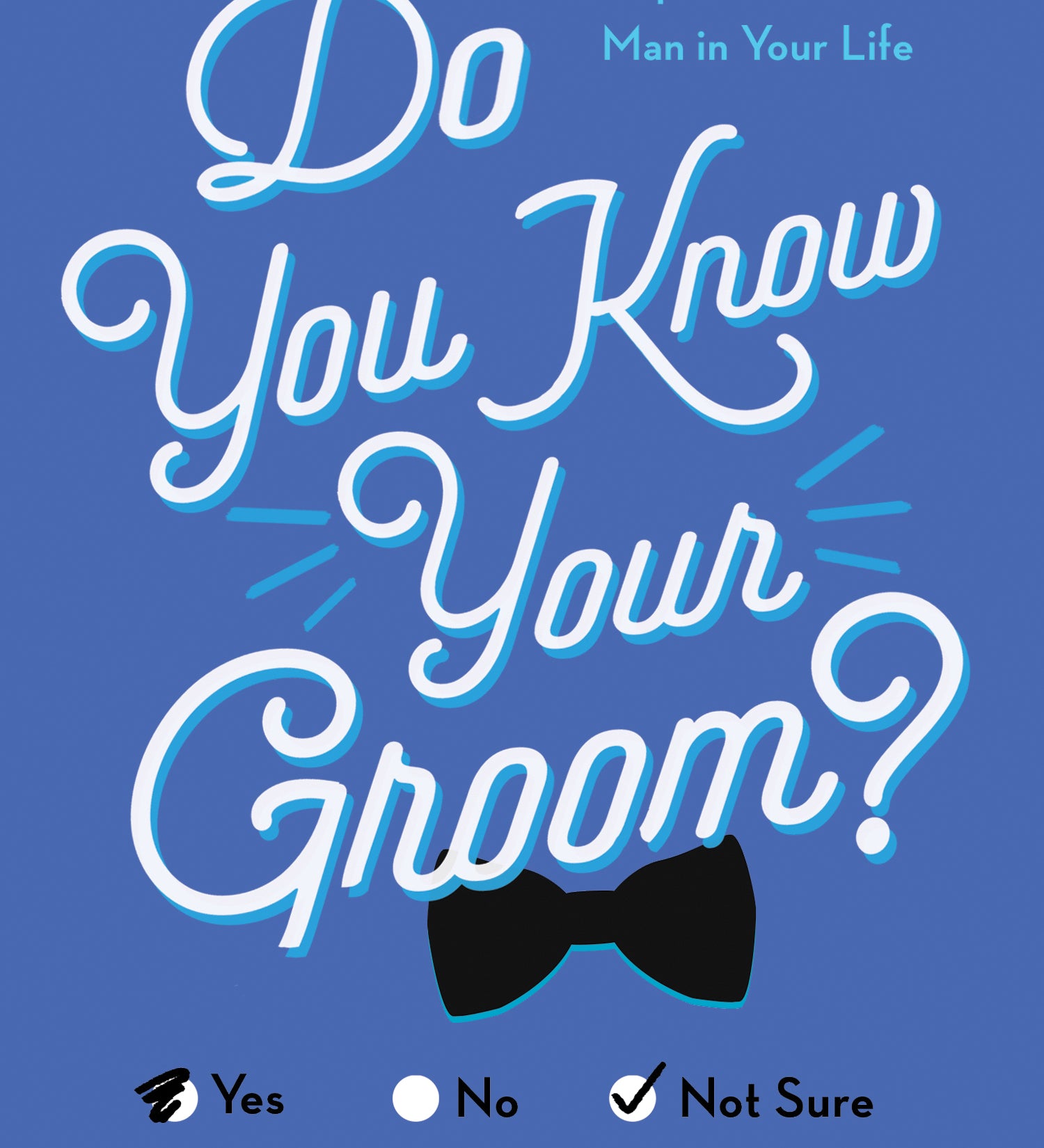 Book cover for 'Do You Know Your Groom?' by Dan Carinsky, featuring stylized white script text with light blue outlines on a medium blue background, a black bowtie graphic, and yes/no/not sure options at the bottom. Available at Be Charmed