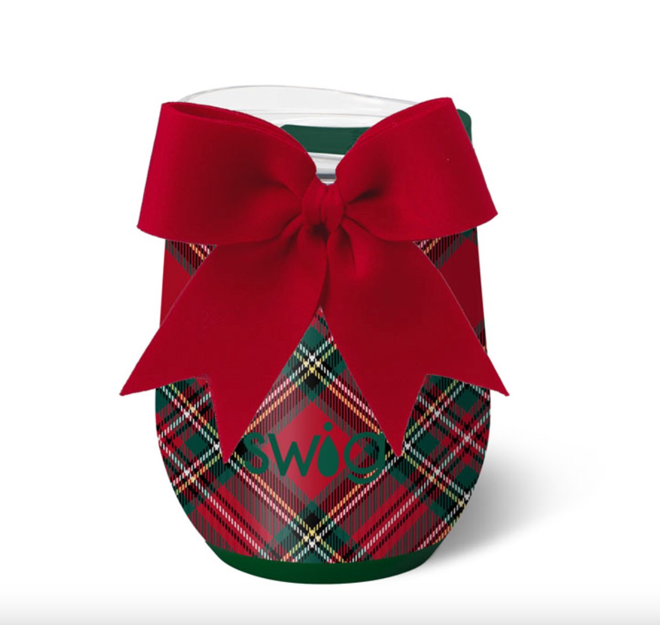 Swig Stemless Christmas Plaid Wine Cup 12oz – insulated and durable wine cup for parties and everyday use. Available at Be Charmed.