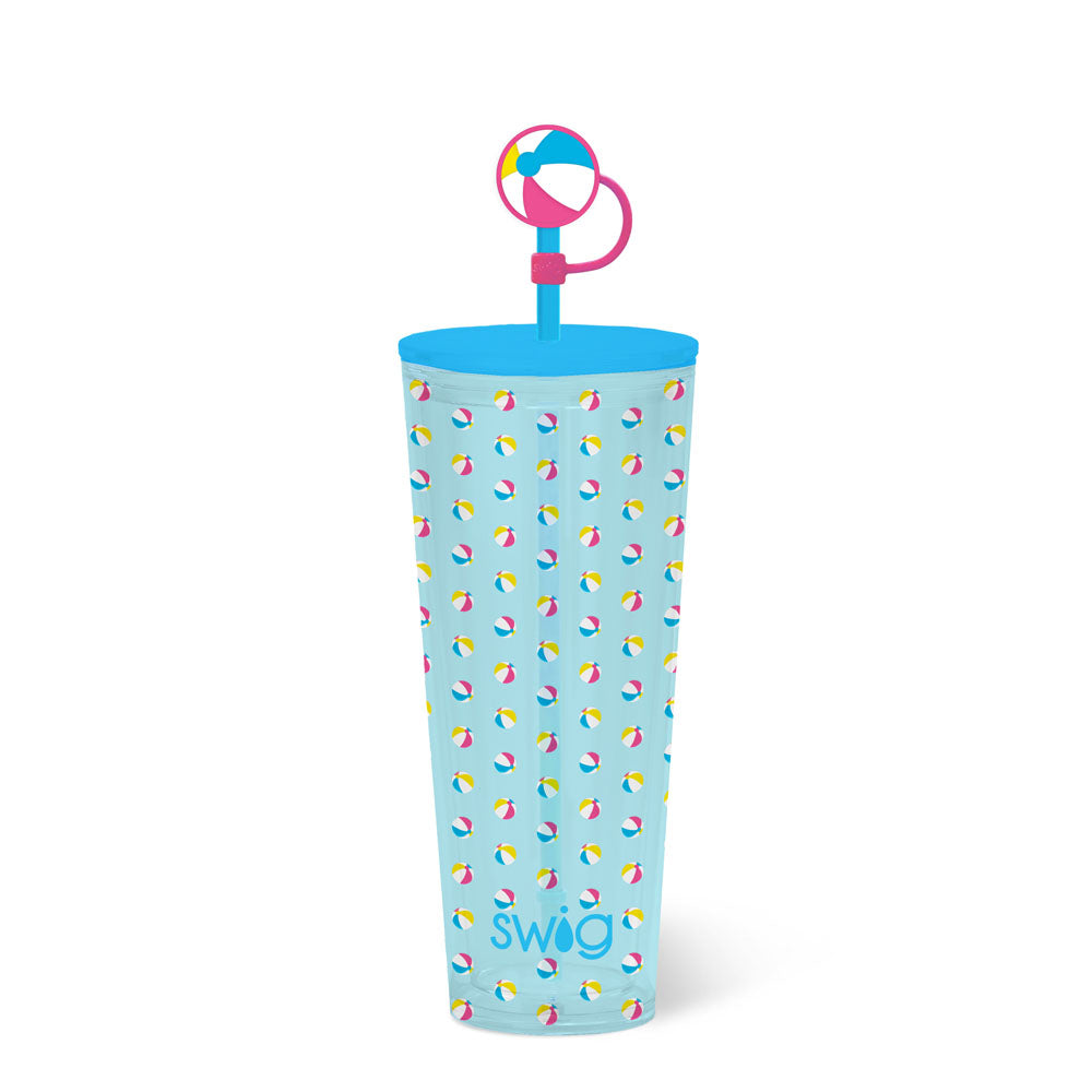 Blue tumbler with colorful beach ball pattern and 'swig' branding on a white background. Available at Be Charmed