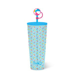 Blue tumbler with colorful beach ball pattern and 'swig' branding on a white background. Available at Be Charmed