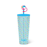 Blue tumbler with colorful beach ball pattern and 'swig' branding on a white background. Available at Be Charmed