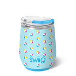 Blue tumbler with colorful beach ball pattern and 'swig' logo on a white background. Available at Be Charmed