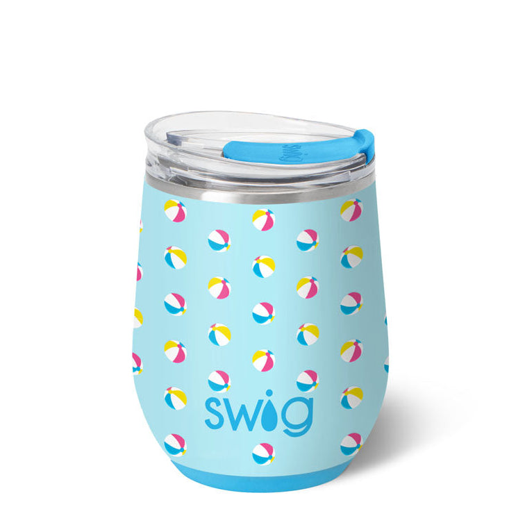 Blue tumbler with colorful beach ball pattern and 'swig' logo on a white background. Available at Be Charmed