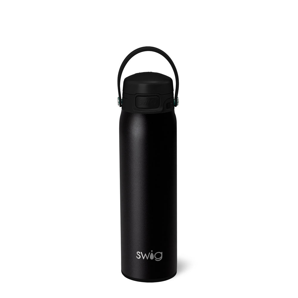 Black swig water bottle on a white background. Available at Be Charmed