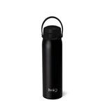 Black swig water bottle on a white background. Available at Be Charmed