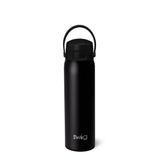 Black swig water bottle on a white background. Available at Be Charmed