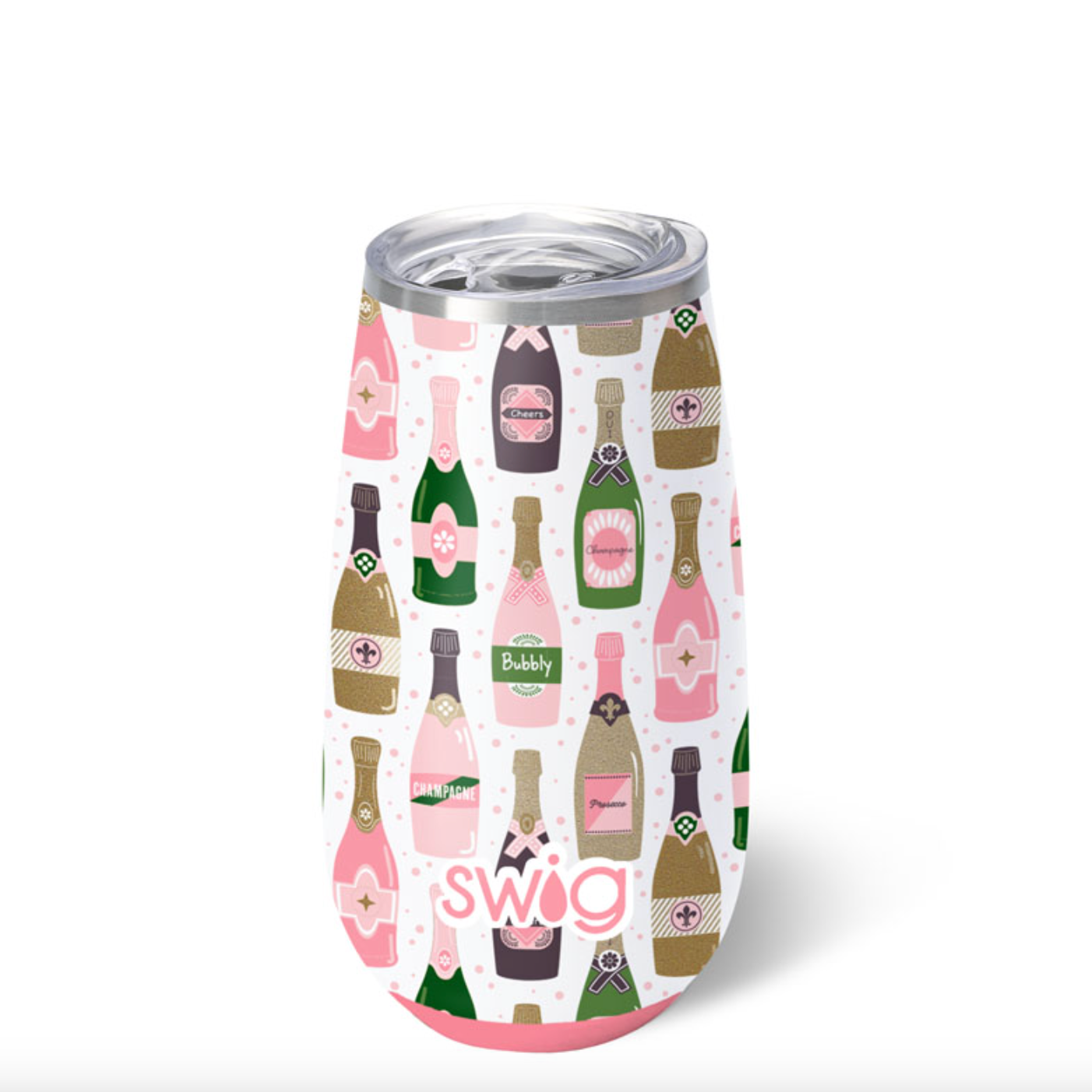 Bubbly stemless flute with champagne bottle design and 'Swig' branding on a white background