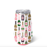 Bubbly stemless flute with champagne bottle design and 'Swig' branding on a white background