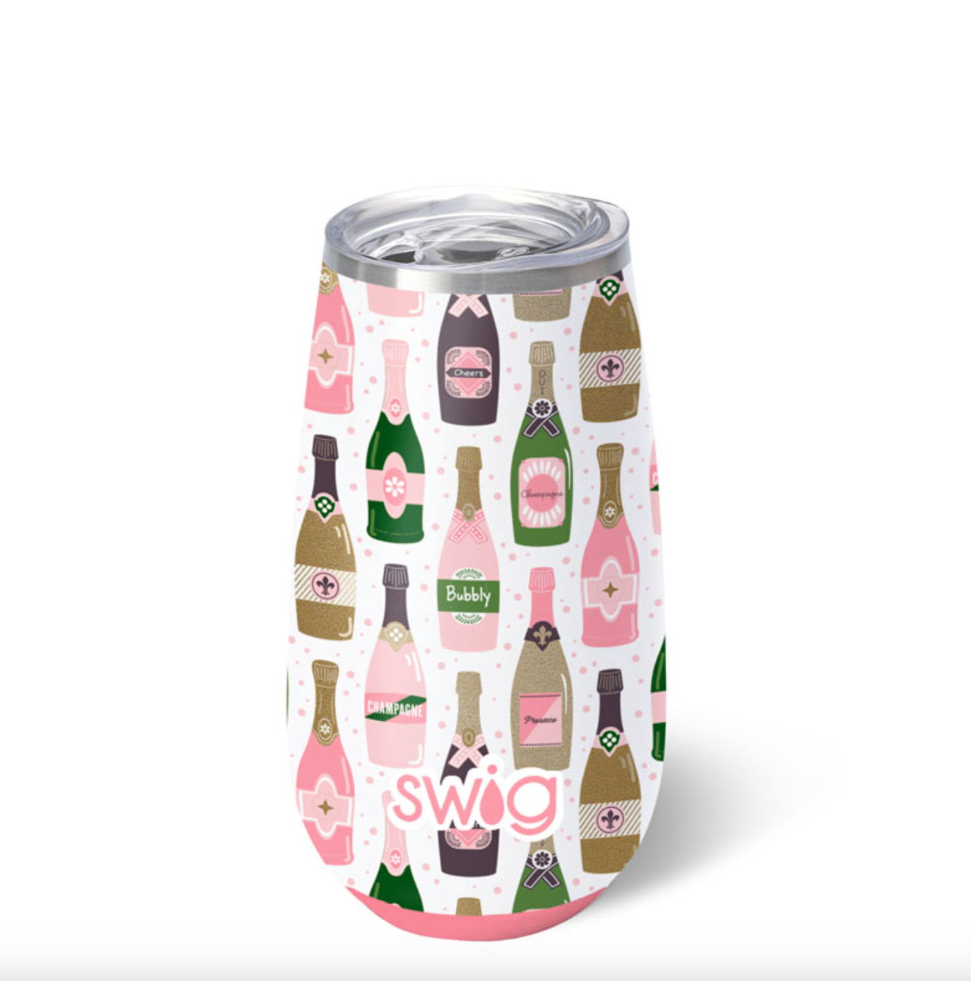 Bubbly stemless flute with champagne bottle design and 'Swig' branding on a white background
