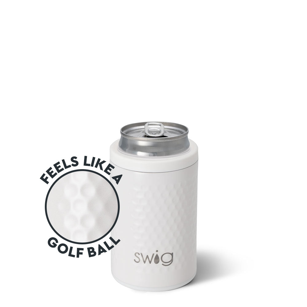 Swig White Golf Ball 12oz stainless steel can and bottle cooler featuring double-wall vacuum insulation and a non-slip silicone base, available at Be Charmed