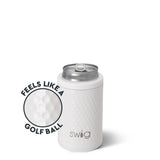 Swig White Golf Ball 12oz stainless steel can and bottle cooler featuring double-wall vacuum insulation and a non-slip silicone base, available at Be Charmed