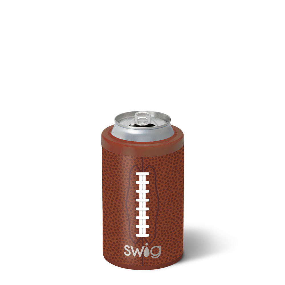 Swig Football 12oz stainless steel can and bottle cooler featuring double-wall vacuum insulation and a non-slip silicone base, available at Be Charmed