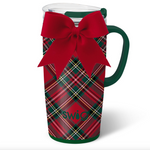 Swig Christmas Plaid Travel Mug 22oz. Insulated travel mug with handle, bow and secure lid. Available at Be Charmed.