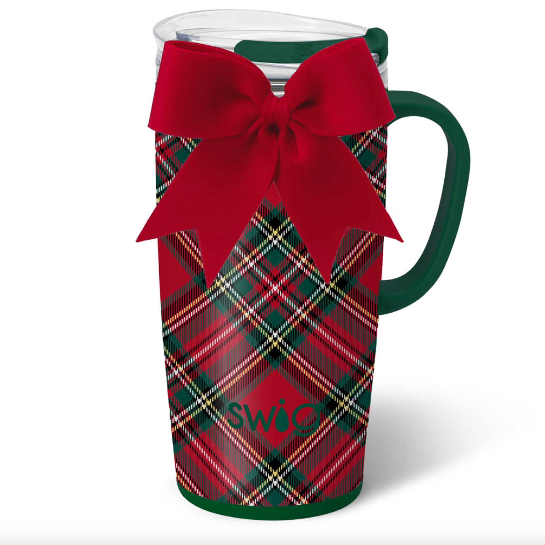 Swig Christmas Plaid Travel Mug 22oz. Insulated travel mug with handle, bow and secure lid. Available at Be Charmed.