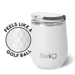 White tumbler with golf ball texture and 'SWIG' branding on a white background. Available at Be Charmed