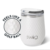 White tumbler with golf ball texture and 'SWIG' branding on a white background. Available at Be Charmed